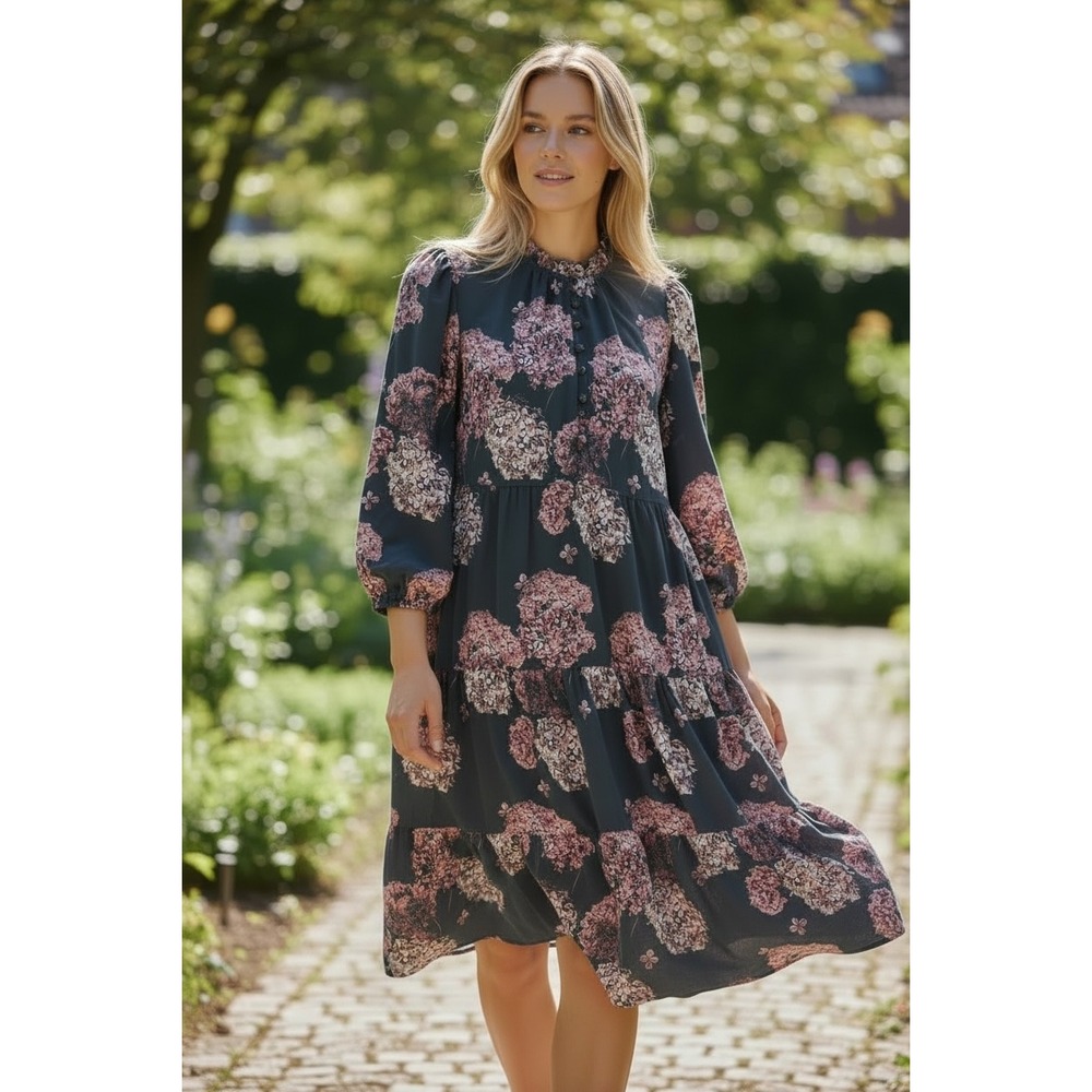 Margaret O'Leary SILK Dress sz M Charcoal‎ Pink oversized Floral Tiered Ruffle